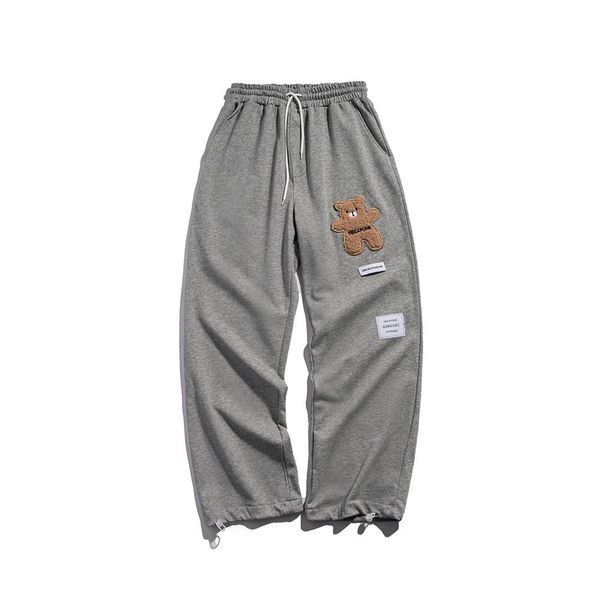

pants fashionable the cartoon bear embroidered men's trendy drawstring leggings street trend elastic waist casual, Black