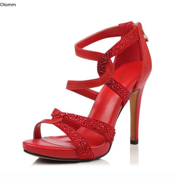 

dress shoes olomm fashion women rhinestone sandals thin high heels nice open toe red white party us size 4-8.5, Black