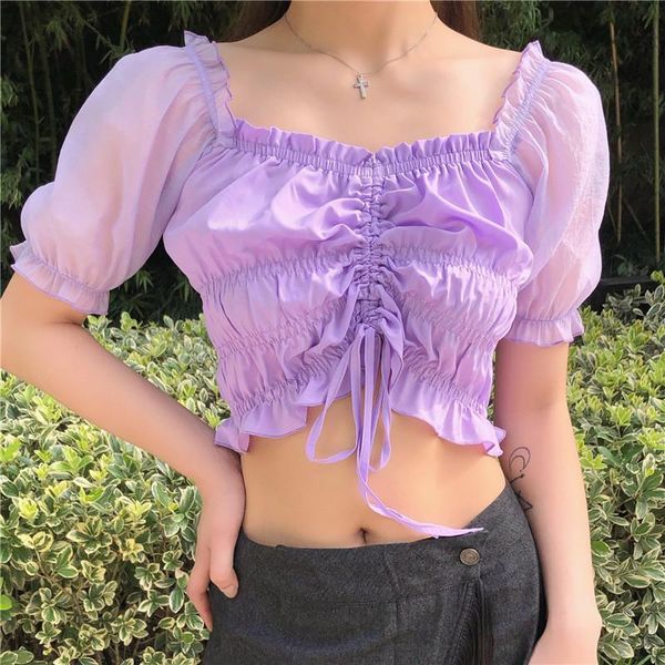 

summer women off shoulder purple shirt blouse ruched bandage blusas slim harajuku casual ruffle crop for female women's blouses & s, White