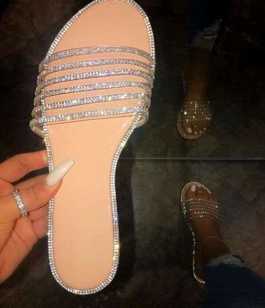 

summer transparent glitter slippers women sandals 2021 fashion bling female flip flops beach diamond flat shoes outdoor, Black