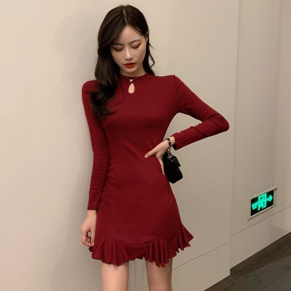 

casual dresses fashion brand women's clothing hollow out empire o-neck long sleeve dress elegant solid a-line spring red female, Black;gray