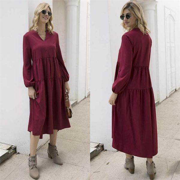 

casual dresses womens full sleeve crew neck kaftan vintage loose baggy long maxi dress solid print bodycon, Black;gray