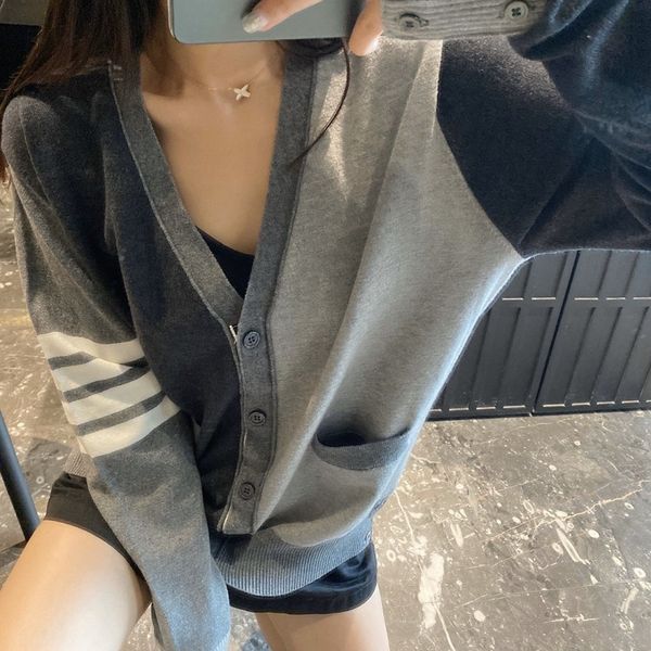 

tb grey black color matching cardigan autumn and winter new striped fine wool sweater loose long sleeve casual women's coat, White;black