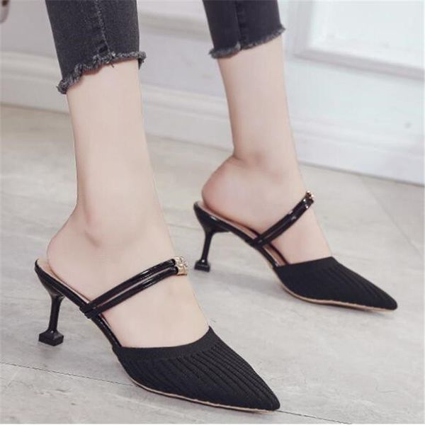 

slippers female half slides knitting pointed toe fashion women high-heeled stilettos mules loafers casual slipper shoes, Black