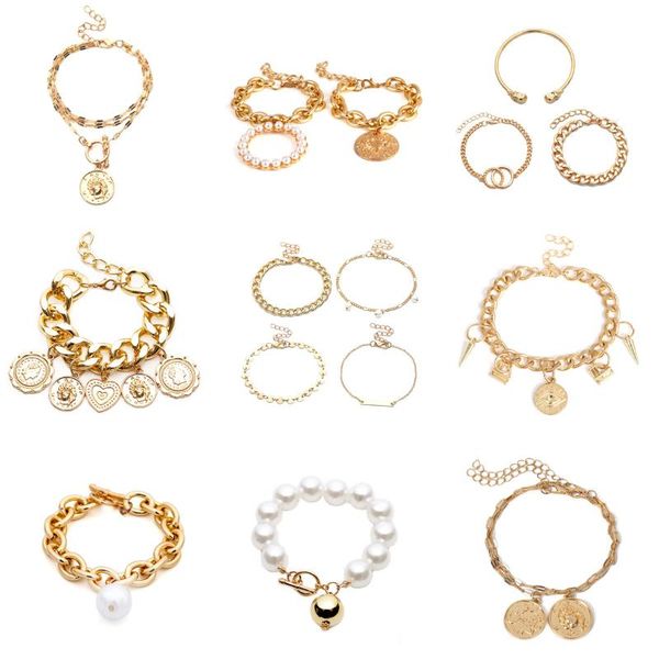 

charm bracelets kingdeng for women fashion jewelry pearl multi-layer bracelet zinc alloy punk love gold bangle bangles, Golden;silver