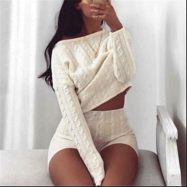 

cable knit crop lounge women tracksuits wear suit co ord 2pcs set solid shirts shorts, Gray