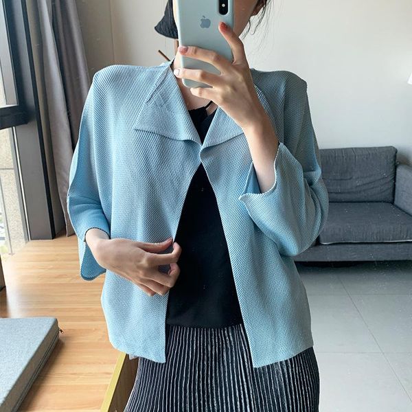 

spring pleated short jacket women's thin loose simple open stitch casual all-match three quarter sleeve lfpt jackets, Black;brown
