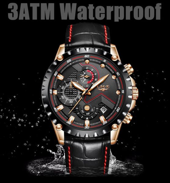 

wristwatches lige brand 9821 luxury mens business leather strap military sport waterproof male chronograph quartz watch clock, Slivery;brown