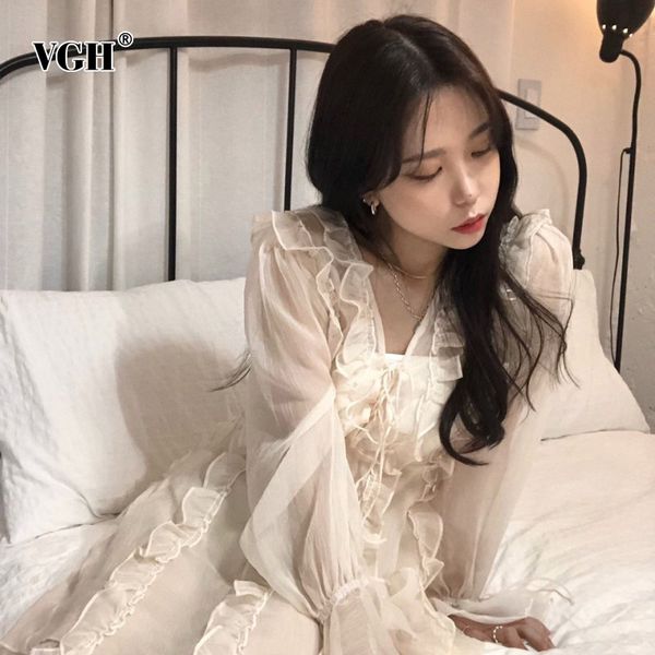

vgh patchwork mesh dresses for female v neck long sleeve ruffle pure color lace up women's elegant dress fashion tide 210421, Black;gray
