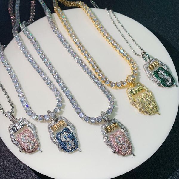 

chains iced out bling 5a cz mouth pendant necklace dollar symbol micro pave blue green tennis dripping lips hip hop men jewelry, Silver