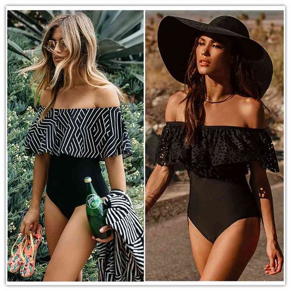 

off the shoulder solid swimwear women swimsuit female bathing suit ruffle monokini swim wear xl 210716, White;black