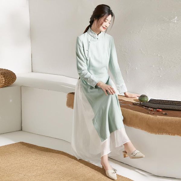 

ethnic clothing exquisite appliques cotton linen qipao chinese style women beaded long cheongsam tea dress slim gown autumn winter vestidos, Red