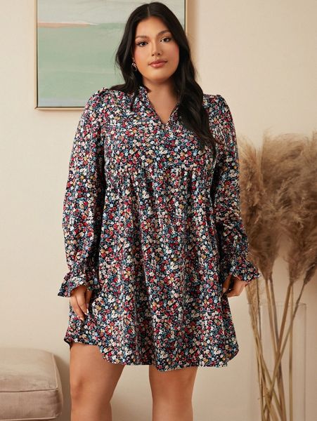 

plus ditsy floral print flounce sleeve dress f9eo#, Black
