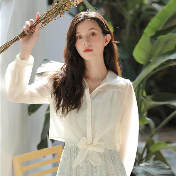 

women's blouses & shirts apricot sun protection clothing thin coat cardigan sweet blouse small shirt chiffon female long sleeve, White