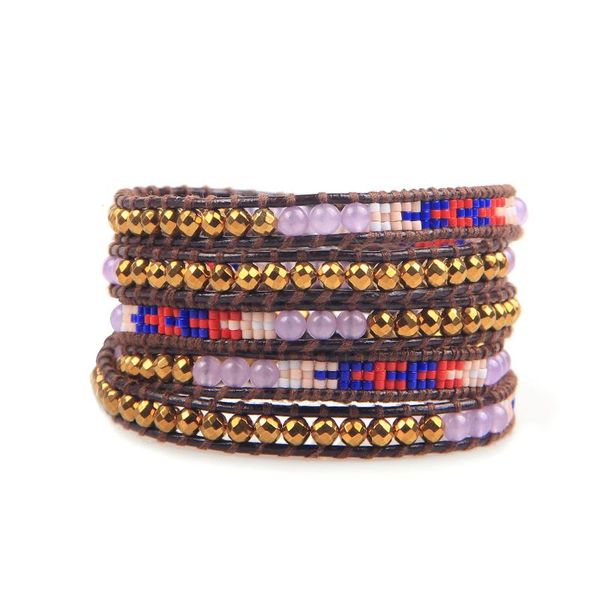 

tennis kelitch bohemia tribal bracelets handmade 5 wrap leather cuff chain on rope jewelry for women, Golden;silver