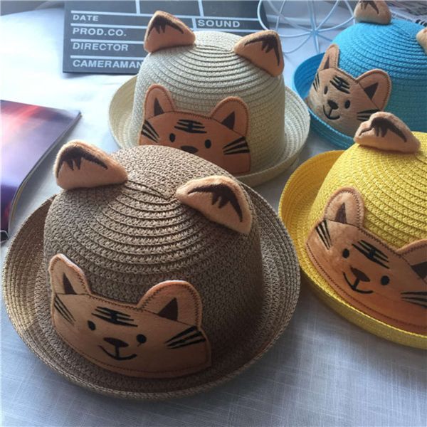 

children's embroidered tiger head curling travel sun hat korean fashion ear protection straw basin spring and summer, Yellow