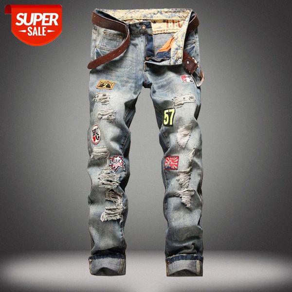 

jeans men's slim straight badge, worn-out jeans, europe #yl62, Blue