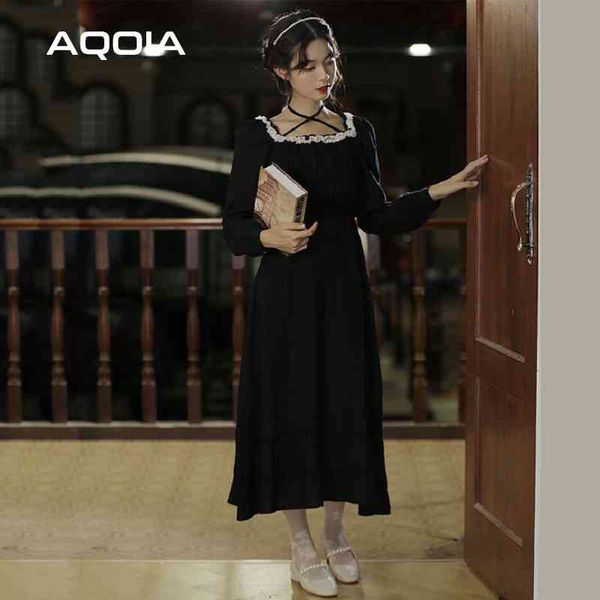 Весна Лолита стиль женское платье винтажные оборками с длинным рукавом квадратный воротник черный мода косплей дамы ES 210521