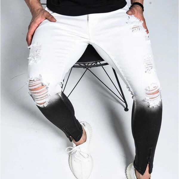 

men's summer mens men ripped ny jeans hole destroyed frayed slim fit denim pant with zipper pencil pants trousers, Blue