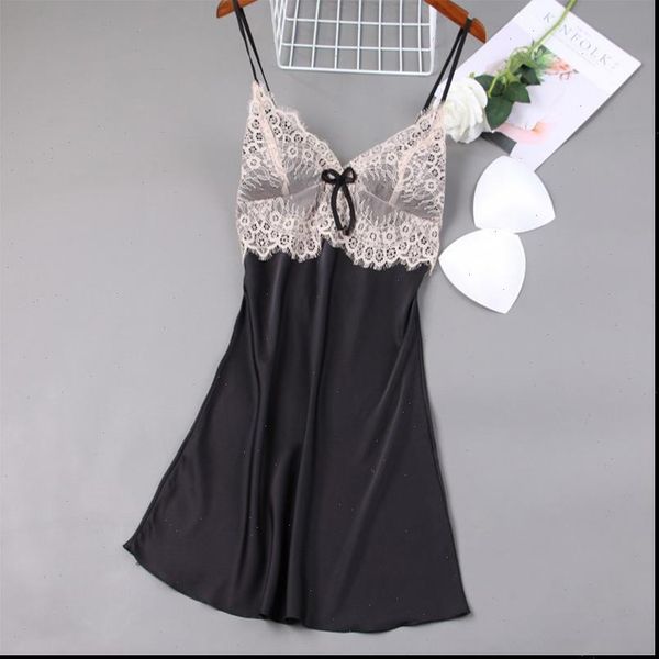 

summer silk satin sleeveless nightgown womens sleepwears lace nightdress homewear sleepshirts with chest pads, Black;red