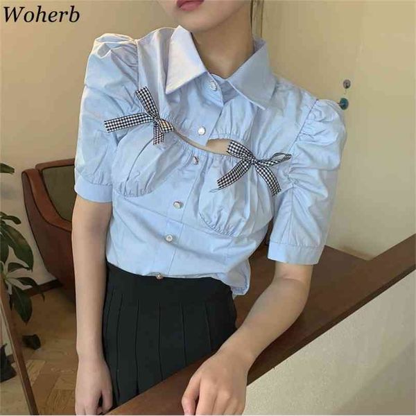 

puff sleeve shirt women summer blusas hollow out bow temperament korean elegant chic turn down collar blouses 210519, White