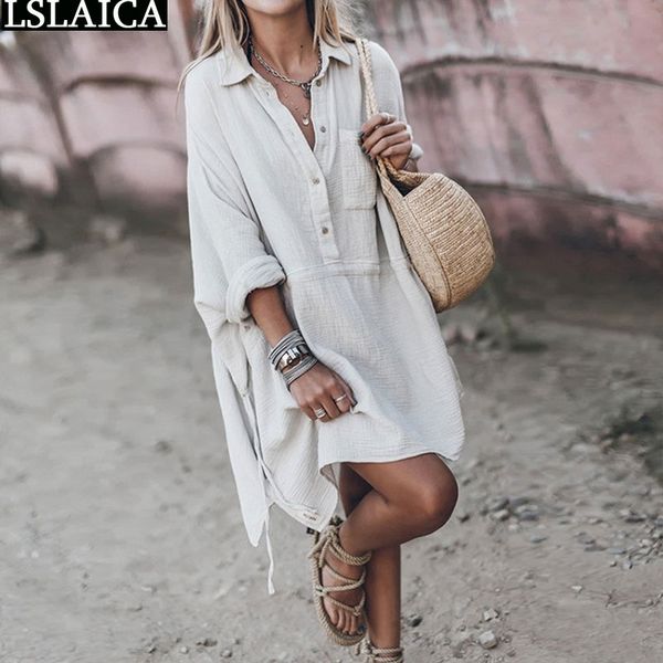

casual loose long sleeve dress women autumn turn-down collar button pocket oversize female mini linen plus size streetwear 210520, Black;gray