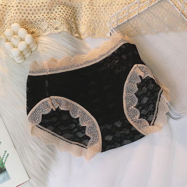 

women's panties bubble cotton women lace mid waist ladies briefs japanese hip-lifting mesh transparent underpants mature breathable, Black;pink