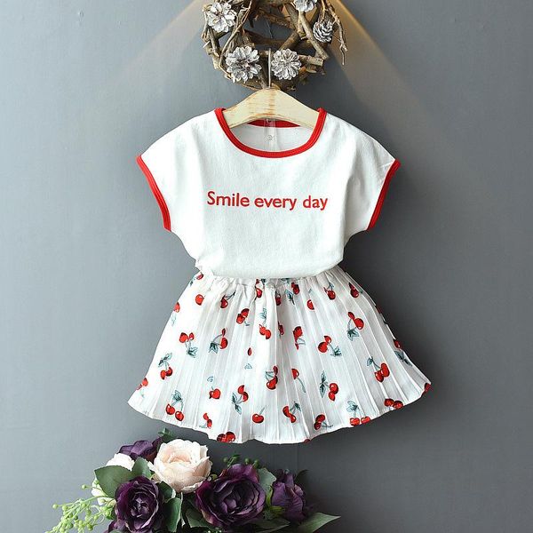 

clothing sets smile every day girls summer clothes set simple letter short-sleeve t-shirt & cute cherry skirt two-piece baby casual, White