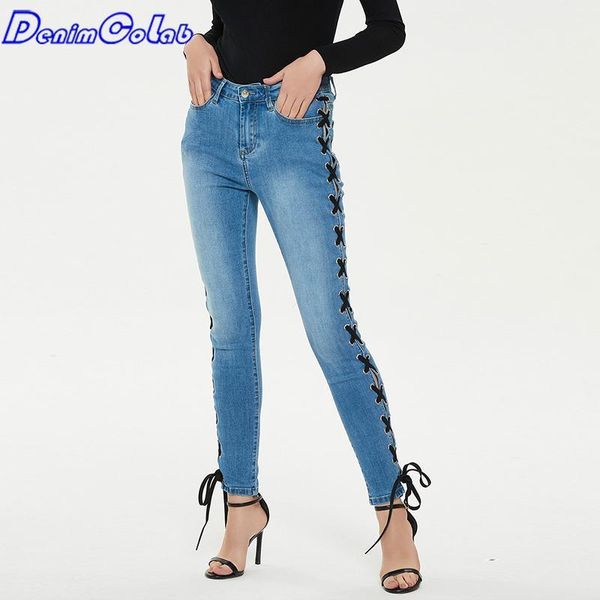 

denim cross legged bandage jeans pants women vintage elastic pencil ladies slim lace up casual trouser femme women's, Blue