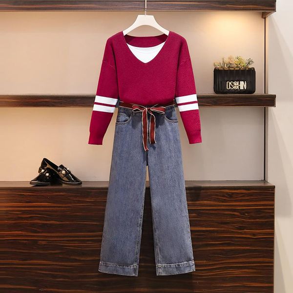 

women's two piece pants women sweater knitted sets jacquard tracksuit chic pullover v neck long sleeve jeans wide leg 2021 big, White