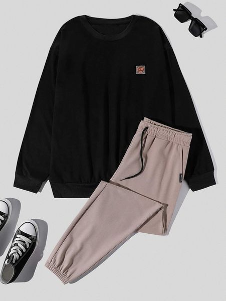 

men patched detail pullover & drawstring waist sweatpants 035x#, Gray