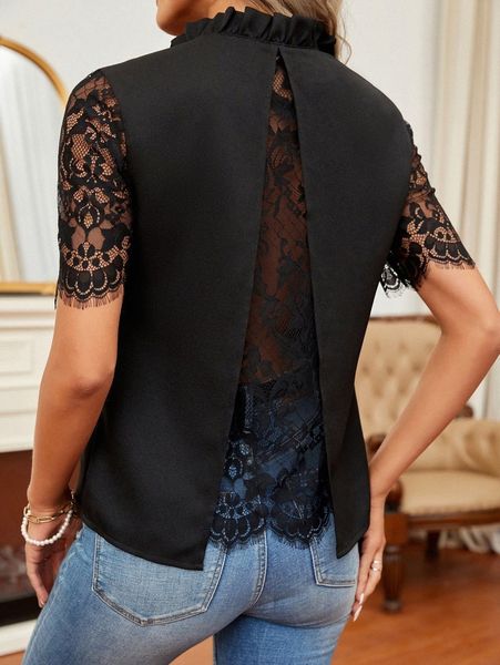 

eyelash lace insert frilled notched neck blouse v5wy#, White