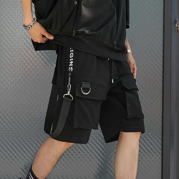 

men's shorts hip hop summer 2022 black ribbons streetwear bermuda man multi-pocket punk casual knee length short pants y2302, White;black