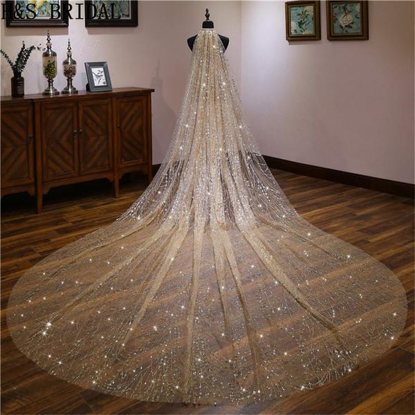 

bridal veils h&s luxury 3 meters champagne beading cathedral wedding long veil with comb 2021 accessories, Black