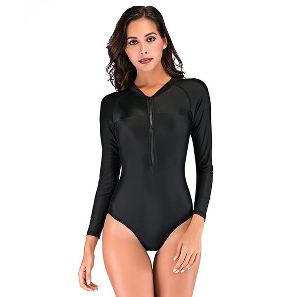 

one-piece suits solid color modest front zipper swimwear women one piece swimsuit sailing bodysuits female girls bathing 2021 co