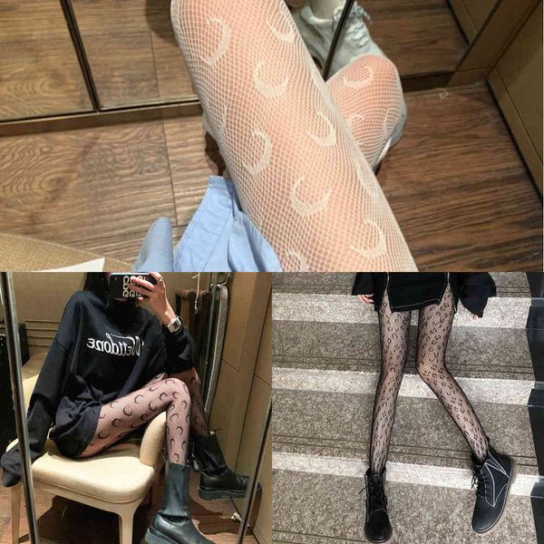 

new women's stockings black transparent moon tights fishnet pattern jacquard step foot tights for women x0521, Black;white