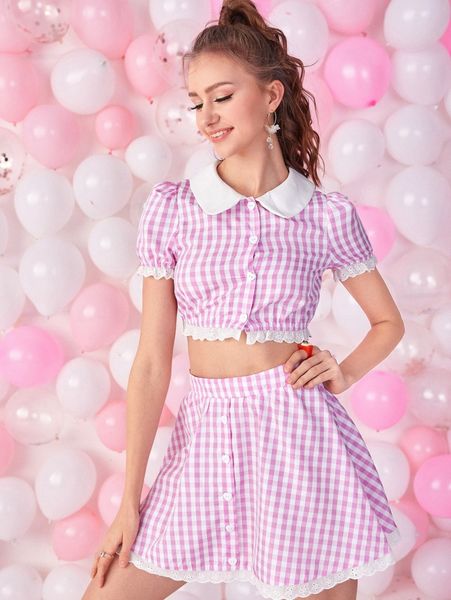 

gingham contrast peter panel collar lace trim blouse and skirt z3at#, White