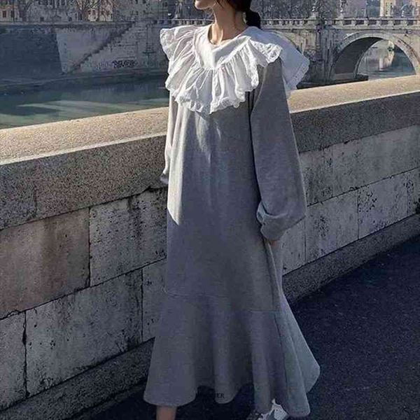 

size 6xl 150kg autumn winter dress vintage gray black dresses long sleeve ruffled neck loose waist female large dress, Black;gray