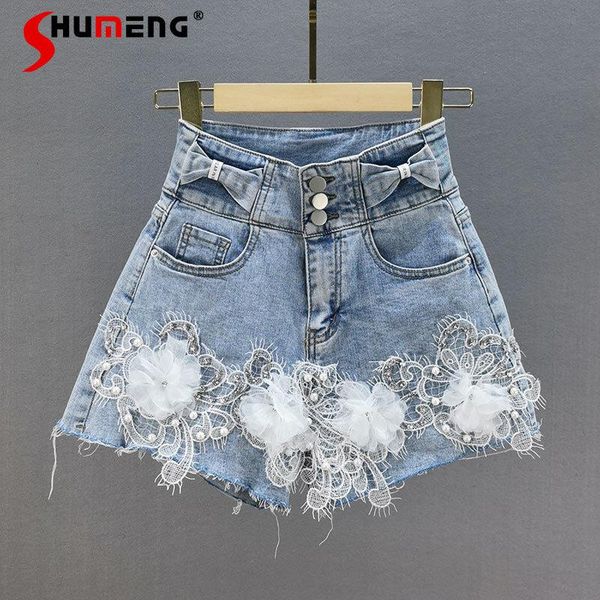 

women's jeans european solid color elastic high waist denim shorts 2021 summer fashion slimming lace bead wide leg pants, Blue