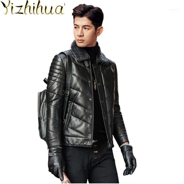 

men's leather & faux azazel short genuine jacket men sheepskin coat wool collar autumn winter down chaqueta cuero hombre h02 kj25241, Black