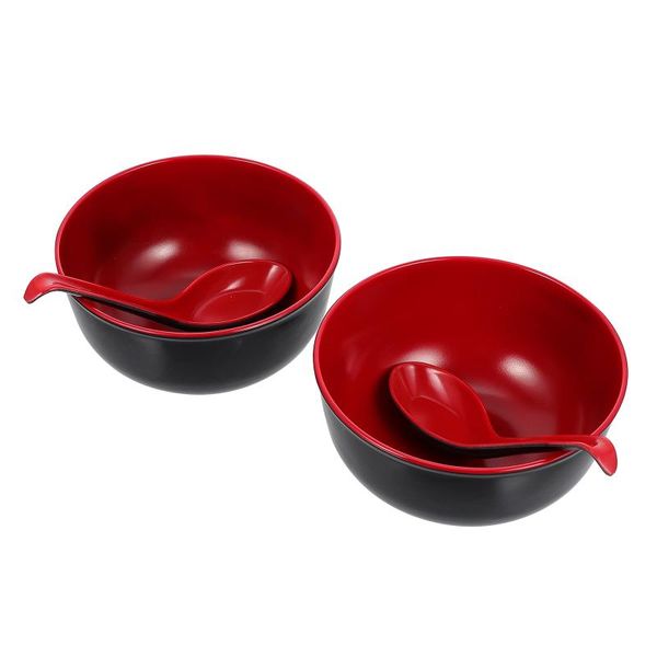 

bowls 1 set of kitchen serving home noodle with spoons (black red)