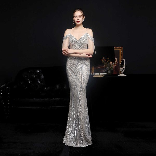 

luxury evening dress 18581#2021 sequin fishtail long performance net red activity banquet car model etiquette evening, Black;gray