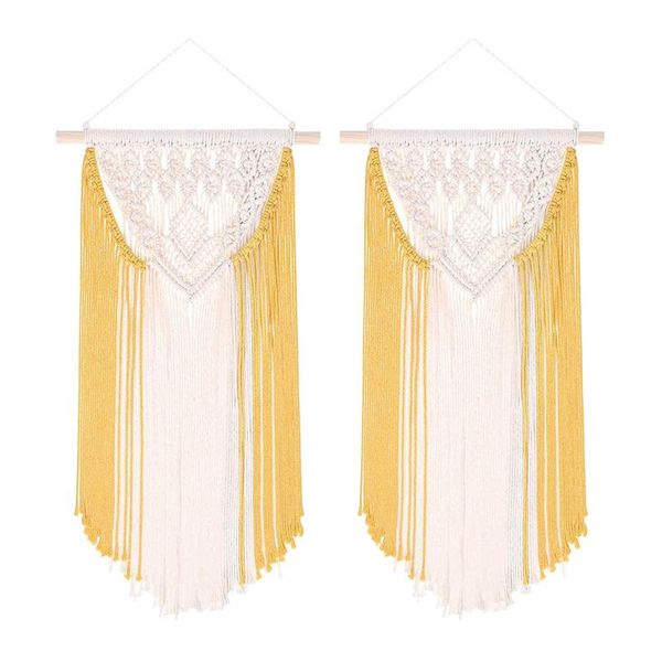 

tapestries 2pcs wall hanging macrame tapestry woven cotton rope decor bohemian style with tassels art home decoration,yellow,33inch