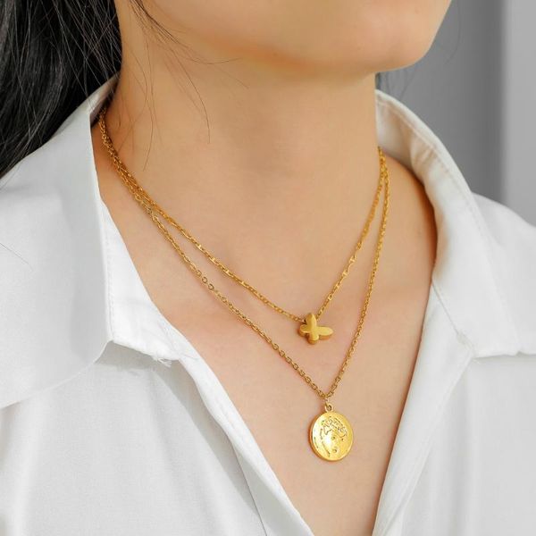 

stainless steel necklace female butterfly choker fashion beauty portrait golden color pendant double layer chain women jewely necklaces, Silver