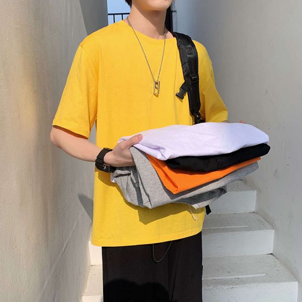 

men's shirt summer men's solid color short t-shirt loose 200g combed round neck cotton half sleeve base shirt for men, White;black