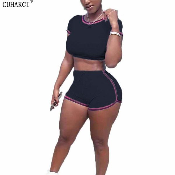 

women's tracksuits cuhakci women two piece set short sleeve crop tank pants tracksuit sporsuit sporty 2 pcs outfits fitness elastic, Gray