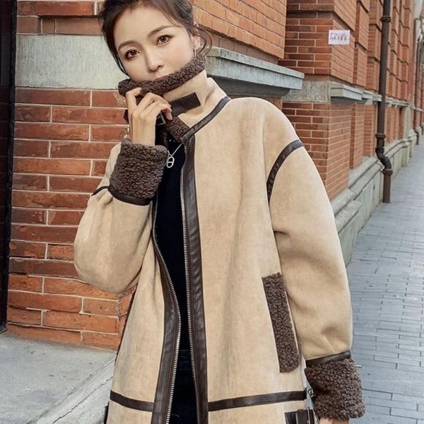 

women's wool & blends lamb coat for women loose all-matching lapel zipper stitching sheepskin thick motorcycle clothes 2021 winter cash, Black