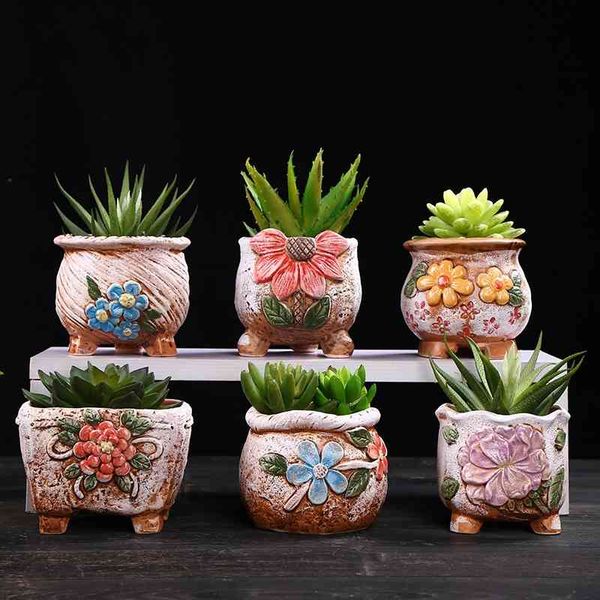 Грубающая керамика ретро красочный окрашенный цветочный горшок с стойкой для ног Суккулентное растение Plower Plowpot Bonsai Planter Vase Desktop Ornaments 210401