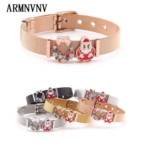 

charm bracelets armnvnv design jewelry stainless steel personalized mesh bracelet with 4pcs santa claus slide charms for christmas day gift, Golden;silver