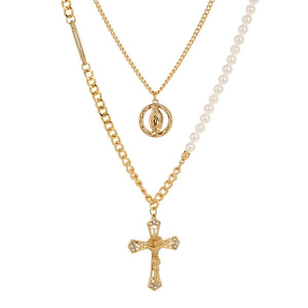 

pendant necklaces two layers fashion cross jesus choker necklace for women trendy charm oval virgin mary clavicle chain christian jewelry, Silver